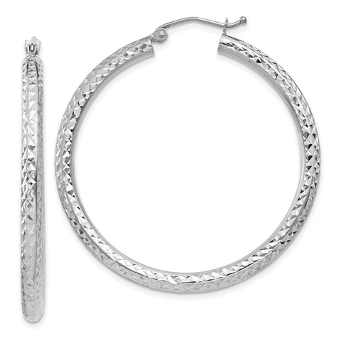 10k White Gold Diamond-cut 3mm Round Hoop Earrings-WBC-10TC257