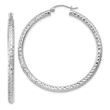 10k White Gold Diamond-cut 3mm Round Hoop Earrings-WBC-10TC258