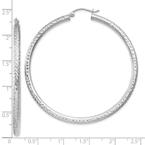 10k White Gold Diamond-cut 3mm Round Hoop Earrings-WBC-10TC260