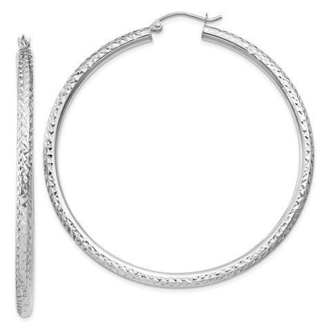 10k White Gold Diamond-cut 3mm Round Hoop Earrings-WBC-10TC260