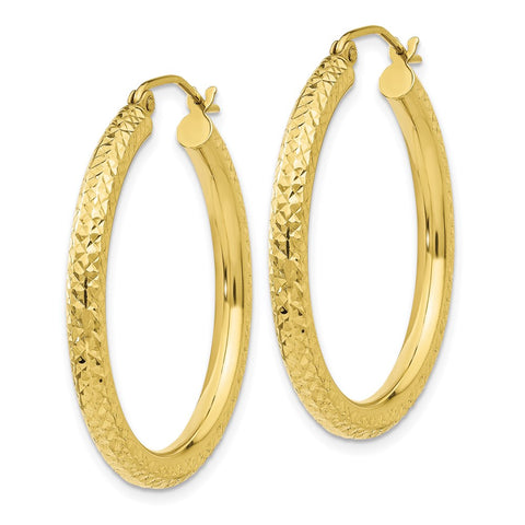 10k Diamond-cut 3mm Round Hoop Earrings-WBC-10TC264