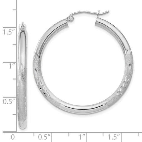 10k White Gold Satin & Diamond-cut 3mm Round Hoop Earrings-WBC-10TC275