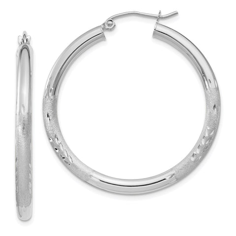 10k White Gold Satin & Diamond-cut 3mm Round Hoop Earrings-WBC-10TC275