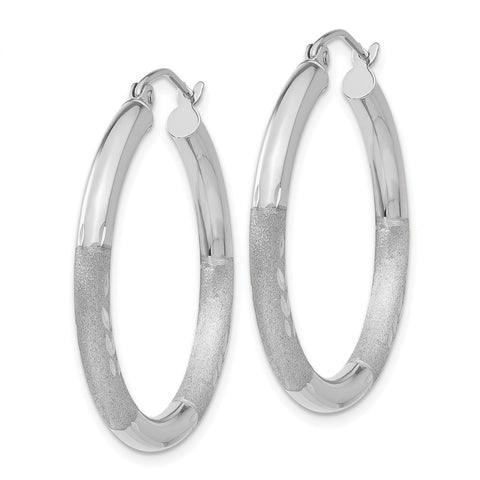 10k White Gold Satin & Diamond-cut 3mm Round Hoop Earrings-WBC-10TC276