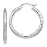 10k White Gold Satin & Diamond-cut 3mm Round Hoop Earrings-WBC-10TC276