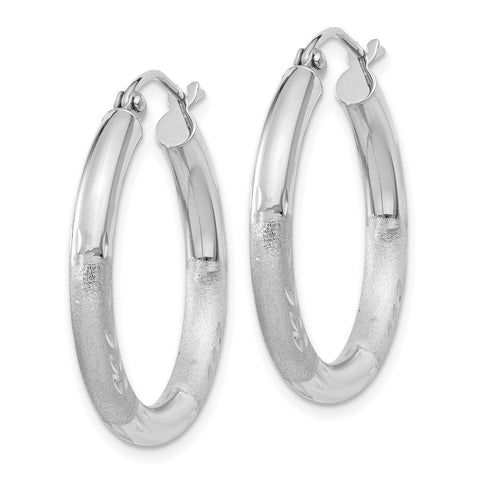 10k White Gold Satin & Diamond-cut 3mm Round Hoop Earrings-WBC-10TC277