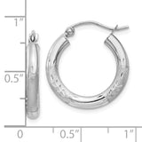 10k White Gold Satin & Diamond-cut 3mm Round Hoop Earrings-WBC-10TC278