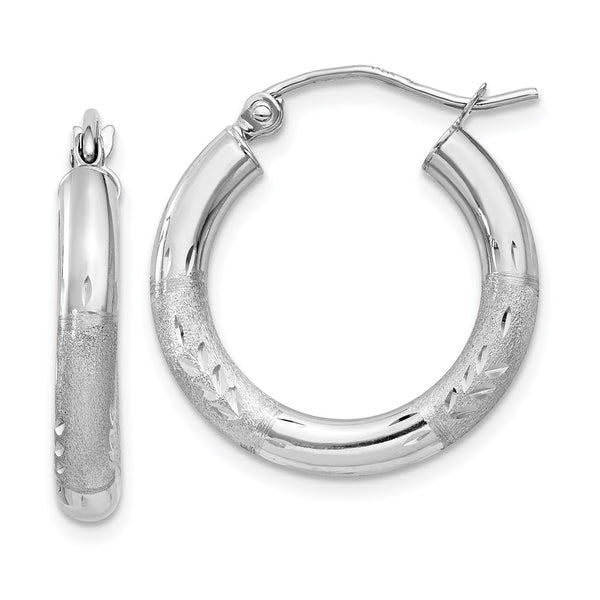 10k White Gold Satin & Diamond-cut 3mm Round Hoop Earrings-WBC-10TC278