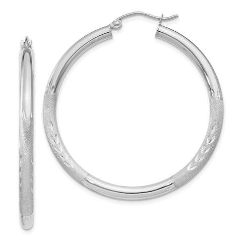 10k White Gold Satin & Diamond-cut 3mm Round Hoop Earrings-WBC-10TC281