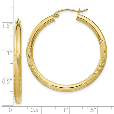 10k Satin & Diamond-cut 3mm Round Hoop Earrings-WBC-10TC287