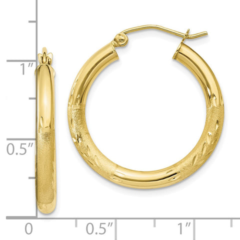 10k Satin & Diamond-cut 3mm Round Hoop Earrings-WBC-10TC289