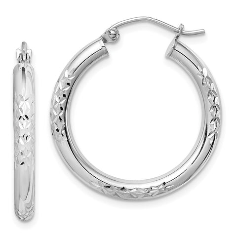 10K White Gold Diamond Cut 3mm Hoop Earrings-WBC-10TC350