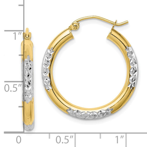 10K & Rhodium Diamond Cut 3mm Hoop Earrings-WBC-10TC355