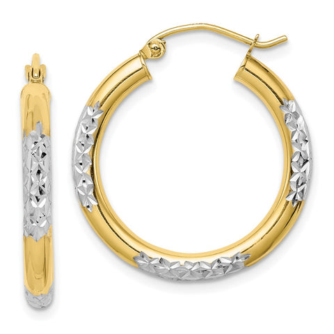 10K & Rhodium Diamond Cut 3mm Hoop Earrings-WBC-10TC355