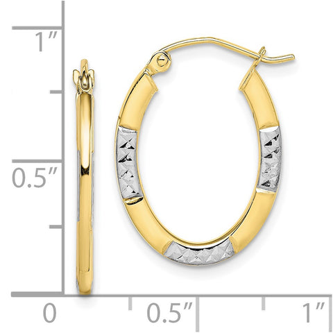 10K & Rhodium Diamond Cut Oval Hoop Earrings-WBC-10TC372