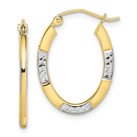 10K & Rhodium Diamond Cut Oval Hoop Earrings-WBC-10TC372