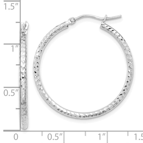 10k White Gold Diamond-cut 2mm Round Tube Hoop Earrings-WBC-10TC394W