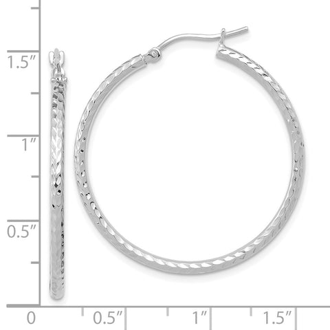 10k White Gold Diamond-cut 2mm Round Tube Hoop Earrings-WBC-10TC395W