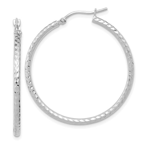 10k White Gold Diamond-cut 2mm Round Tube Hoop Earrings-WBC-10TC395W