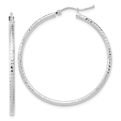 10k White Gold Diamond-cut 2mm Round Tube Hoop Earrings-WBC-10TC396W