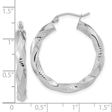 10K White Gold Polished & Textured Twist Hoop Earrings-WBC-10TC403W