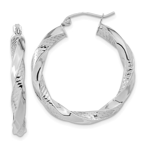 10K White Gold Polished & Textured Twist Hoop Earrings-WBC-10TC403W