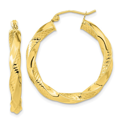 10k Polished & Textured Twist Hoop Earrings-WBC-10TC403