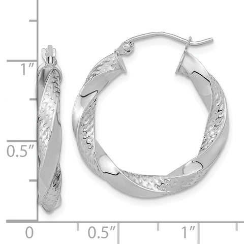 10K White Gold Polished & Textured Twist Hoop Earrings-WBC-10TC404W