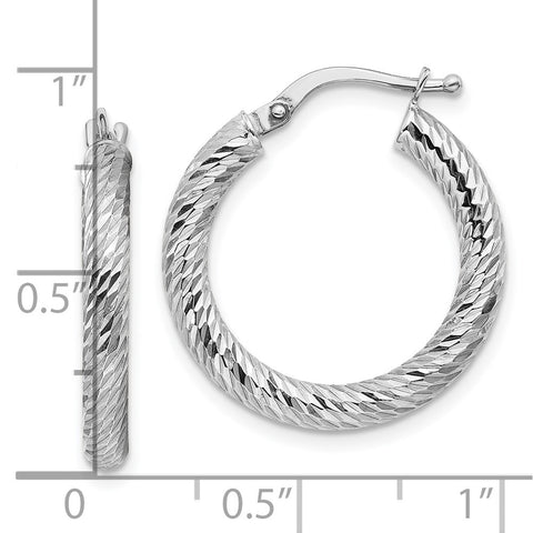10k 3x15 White Gold Diamond-cut Round Hoop Earrings-WBC-10TF1340W