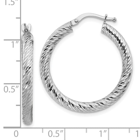 10k 3x20 White Gold Diamond-cut Round Hoop Earrings-WBC-10TF1341W