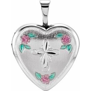 Sterling Silver 15.75 mm Tri-Color Cross & Roses Locket-R41637:60001:P-ST-WBC