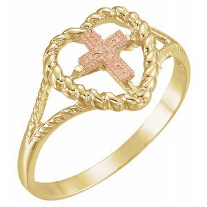 14K Yellow/Rose Heart Rope Ring with Cross-R43025:60001:P-ST-WBC