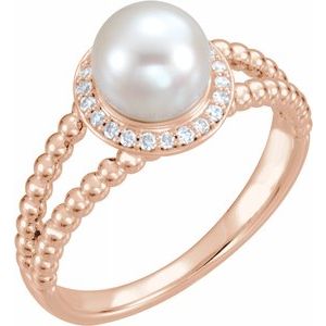 14K Rose Freshwater Cultured Pearl & .08 CTW Diamond Halo-Style Beaded Ring-6493:602:P-ST-WBC