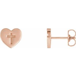 14K Rose Heart & Cross Earrings-R17017:602:P-ST-WBC