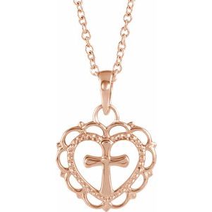 14K Rose Youth Heart with Cross 16-18" Necklace-R45398:602:P-ST-WBC