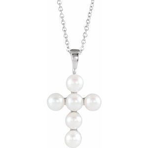 Platinum Freshwater Cultured Pearl Cross 16-18" Necklace  -R42366:608:P-ST-WBC