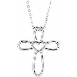 Sterling Silver Cross with Heart 16-18" Necklace -R42367:604:P-ST-WBC