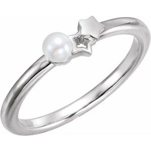 14K White Freshwater Cultured Pearl Youth Double Star Ring  -6517:600:P-ST-WBC
