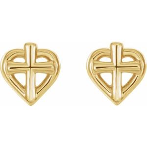 14K Yellow Cross with Heart Youth Earrings   -R17022:601:P-ST-WBC