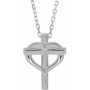 Sterling Silver Youth Cross with Heart 15" Necklace-R45399:604:P-ST-WBC