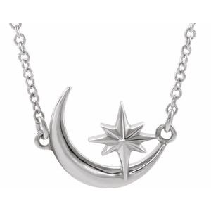 Platinum Crescent Moon & Star 16-18" Necklace   -86843:603:P-ST-WBC
