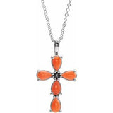 Platinum Cabochon Pink Coral Cross 16-18" Necklace-R42378:628:P-ST-WBC