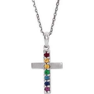 Platinum Multi-Gemstone Cross 16-18" Necklace-R42381:608:P-ST-WBC