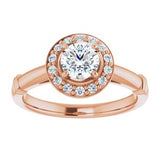 14K Rose 5 mm Round Forever One‚Ñ¢ Moissanite & 1/8 CTW Diamond Engagement Ring  -653390:611:P-ST-WBC