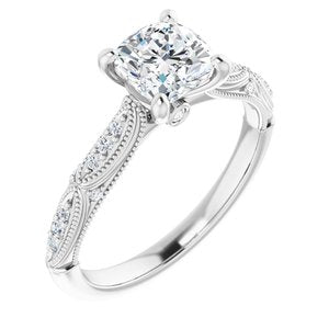 14K White 6 mm Cushion Forever One‚Ñ¢ Moissanite & 1/10 CTW Diamond Engagement Ring -653389:673:P-ST-WBC