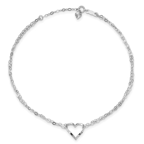 14k White Gold Double Strand Heart 9in Plus 1in ext. Anklet-WBC-ANK174-9