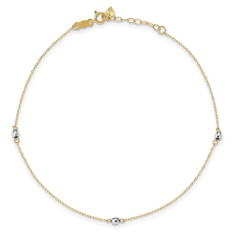 14k Two-tone Mirror Bead 9in Plus 1in ext. Anklet-WBC-ANK185-9