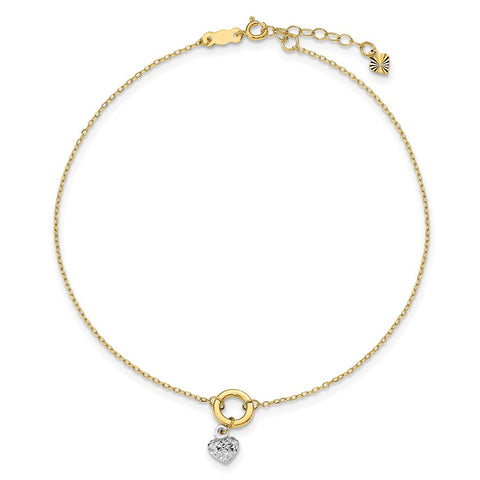 14K Gold Two-tone Circle/Diamond Cut Puff Heart 9in Plus 1in Ext Anklet-WBC-ANK243-9