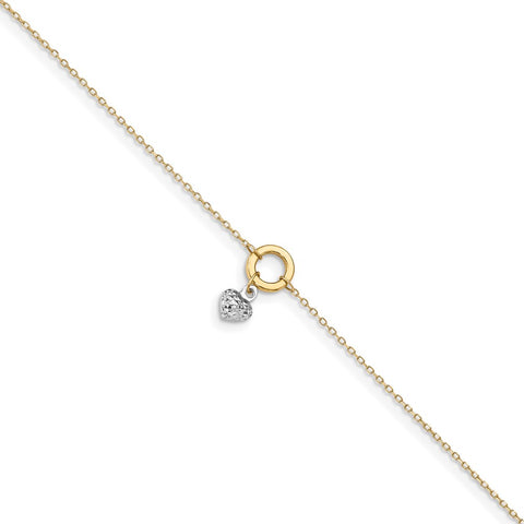 14K Gold Two-tone Circle/Diamond Cut Puff Heart 9in Plus 1in Ext Anklet-WBC-ANK243-9