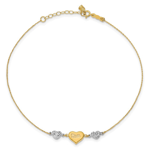 14K Two-tone D/C Puffed Hearts MOM 9in Plus 1in Ext Anklet-WBC-ANK254-9